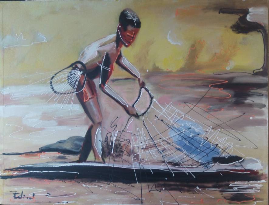 Peinture : un pêcheur relève son filet depuis une pirogue